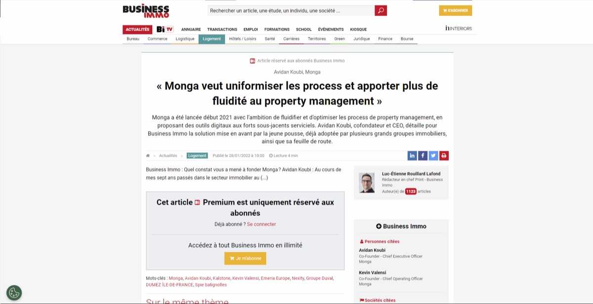 Monga x Business Immo : Monga veut uniformiser les process et apporter plus de fluidité au property management