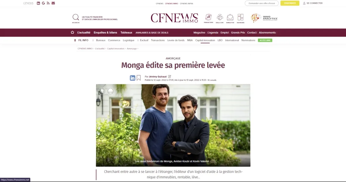 Monga x CFNews Immo: Monga completes its first funding round