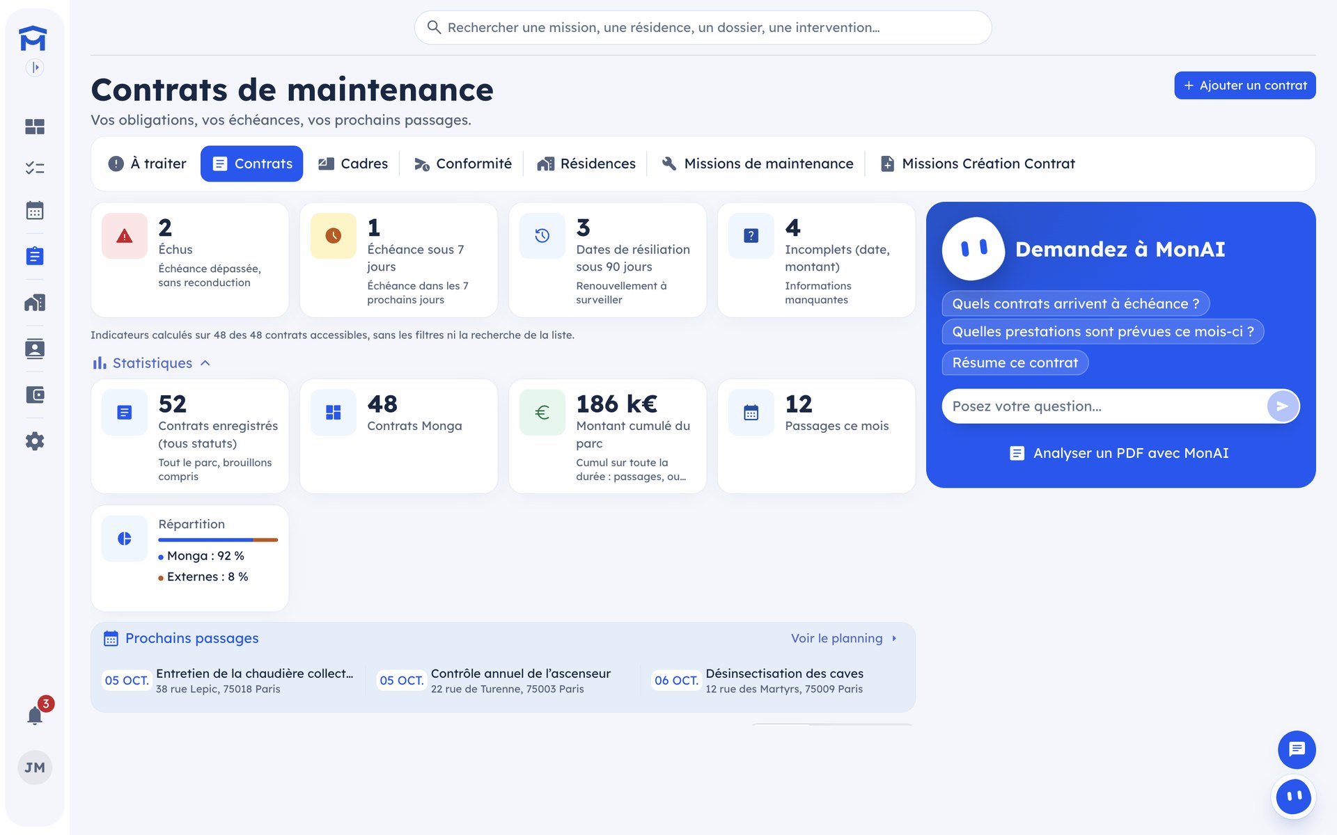 Monga App, écran Contrats de maintenance : échéances, conformité et prochains passages