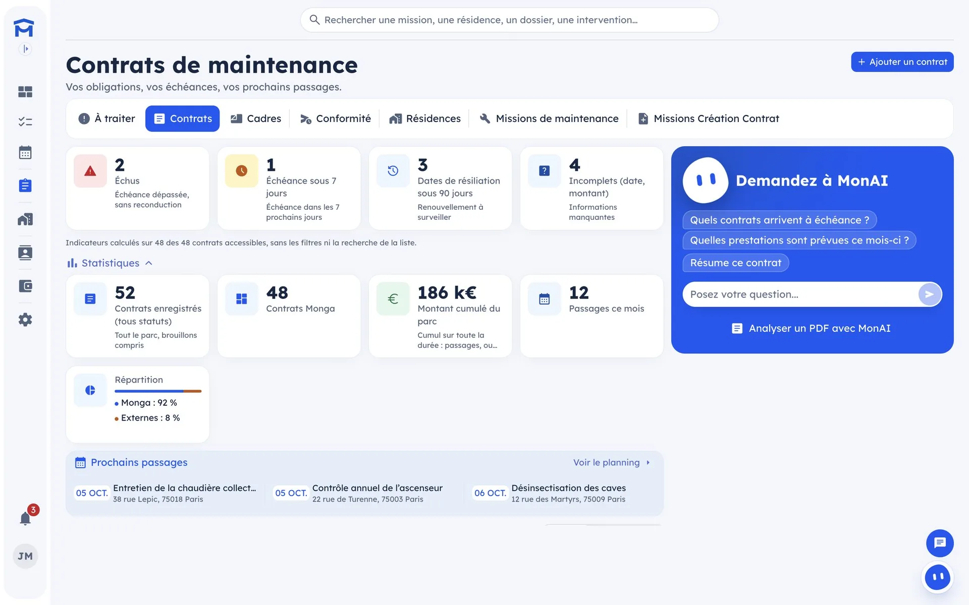 Monga App, écran Contrats de maintenance : échéances, conformité et prochains passages
