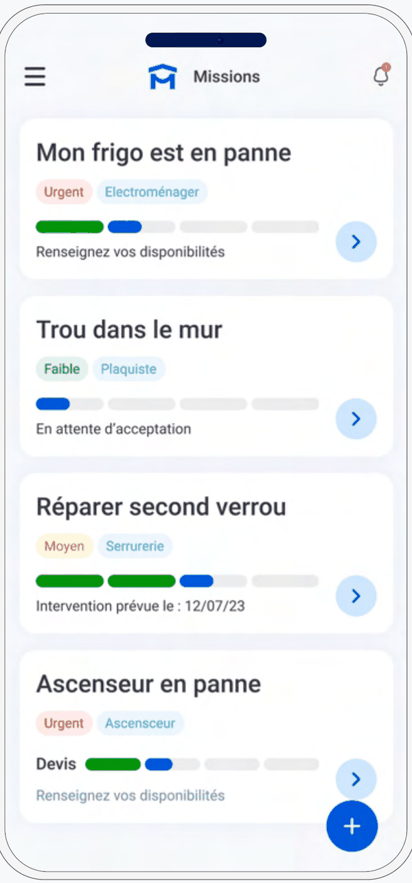 Monga App, interfaz del ocupante en el móvil: declaración y seguimiento de una solicitud
