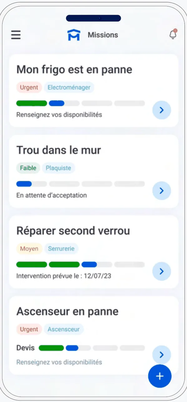 Monga App, interface occupant sur mobile : déclaration et suivi d’une demande