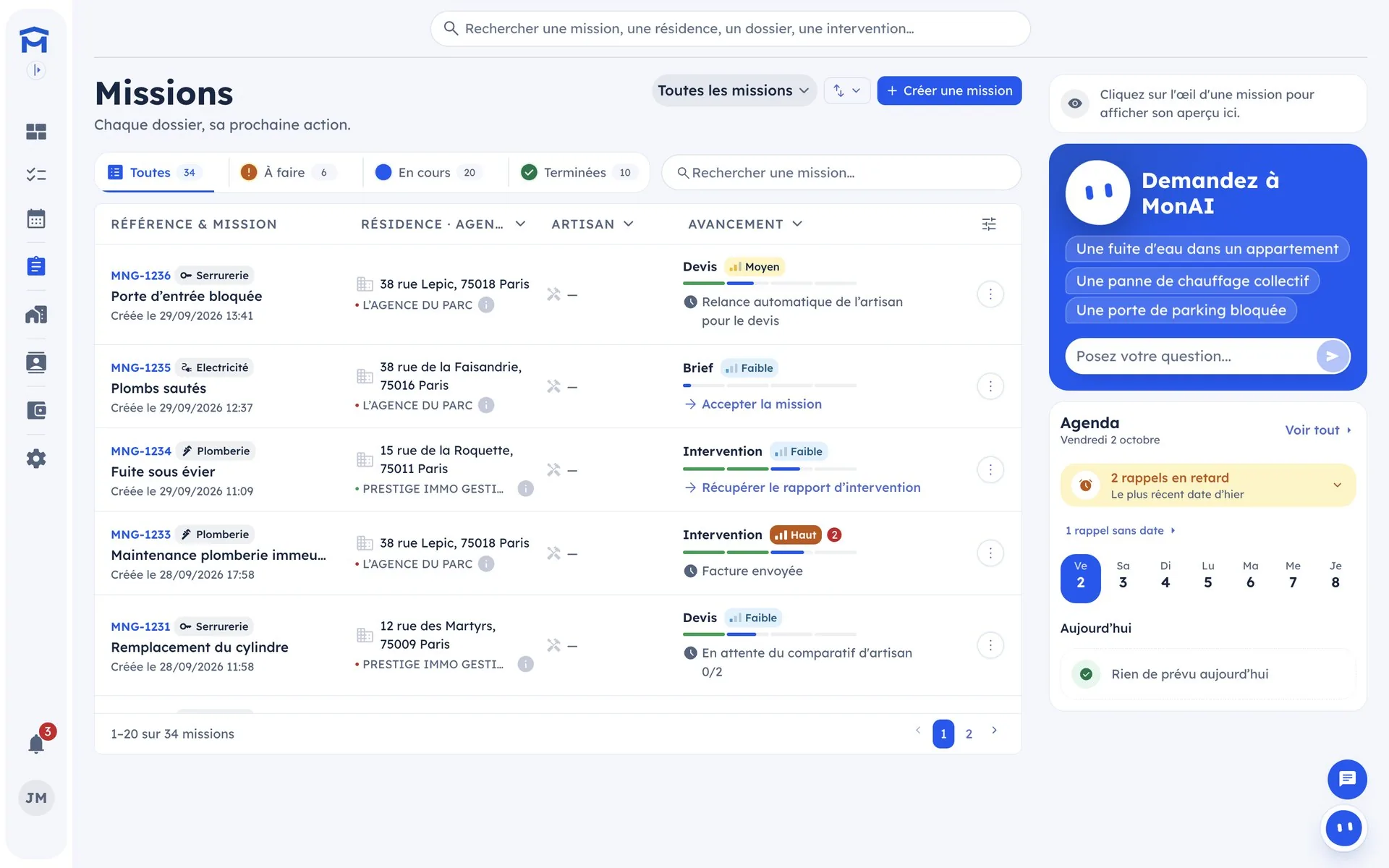 Monga App, interface gestionnaire : liste des missions et suivi des interventions