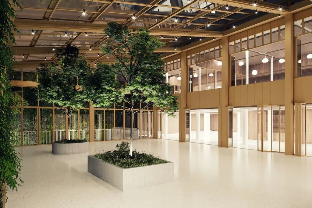 Centre culturel du projet 35 SD à Paris 16e : vue du hall vitré et arboré